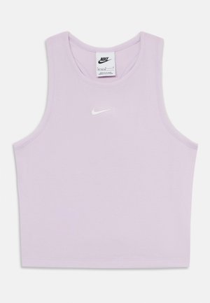 Lila ärmelloses Crop-Top aus geripptem Stoff, das auf der Brust mit einem weißen Nike-Logo versehen ist. Klassischer Rundhalsausschnitt und gerader Saum.
