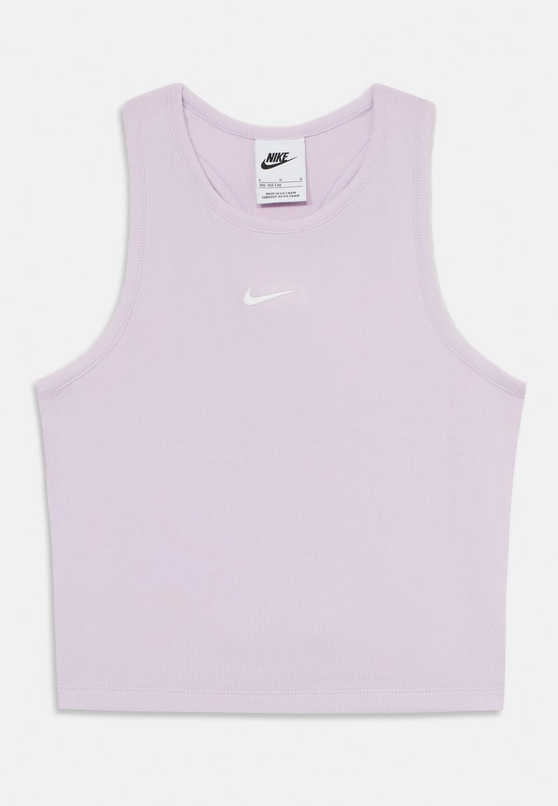 Top cropped sem mangas em lilás, feito de tecido canelado, com o logótipo branco da Nike no peito. Decote redondo clássico e bainha reta.