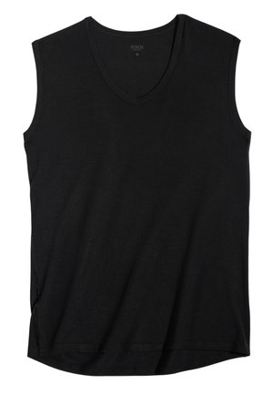 Black sleeveless V-neck top made of soft fabric, featuring a curved hemline and side slits for comfort and ease of movement.