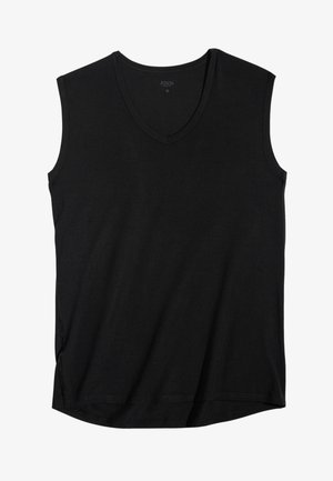 Black sleeveless V-neck top made of soft fabric, featuring a curved hemline and side slits for comfort and ease of movement.