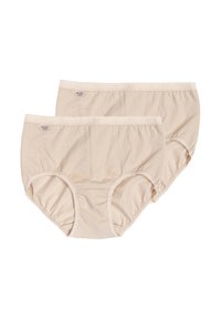 Set di mutande in cotone beige, caratterizzato da una texture liscia, vita elastica e lati arricciati. Vengono mostrati due paia, uno più grande dell'altro.