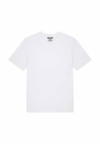 Balta medvilnė T-shirt su trumpomis rankovėmis, apvaliu iškirpimu ir be raštų. Etiketė su užrašu "MIRA PARIS" ant kaklo. Lygiai apžiūrima, be raukšlių.