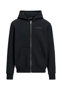 Svart zip-up hettegenser laget av myk stoff, med en frontlomme, ribbestrikkede mansjetter og hette. CASPARA-logo i hvitt på brystet.