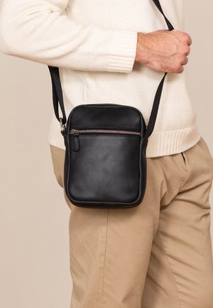 Čierna kožená crossbody taška s vreckom na zips, obdĺžnikového tvaru, hladkej textúry a nastaviteľným popruhom, nosená na svetlom pozadí.