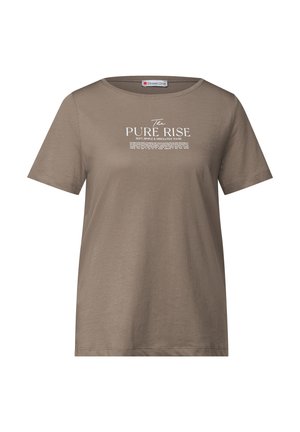 T-shirt en coton brun avec des manches courtes, encolure arrondie et texte imprimé blanc à l'avant. Offre une coupe décontractée et ample.