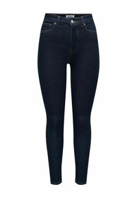 Donkerblauwe skinny jeans van denim, voorzien van een sluiting met een knoop aan de voorkant, vijf zakken en stikselaccenten op de zakken en naden.