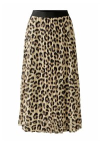 Faltiger Rock mit Leopardenmuster aus leichtem Stoff, ausgestattet mit einem schwarzen Bund und einem knielangen Schnitt, der eine weiche Textur und fließende Lagen aufweist.