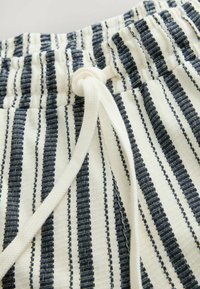 Shorts en tissu rayé crème avec des lignes bleu marine ; dotés d'une taille élastique et d'un cordon de serrage. La texture est tissée et légère.
