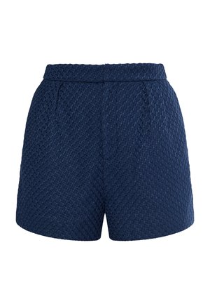 Dunkelblaue Shorts aus einem strukturierten, rautenförmigen Gewebe, mit hohem Bund und seitlichen Taschen.