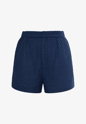Navyblauwe shorts van een gestructureerde stof met een ruitpatroon, met een hoge tailleband en zijzakken.