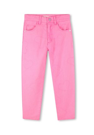 Roze kinderjeans met een geborduurd hartpatroon, voorzakken, riemlussen en een hartvormige knoopsluiting.