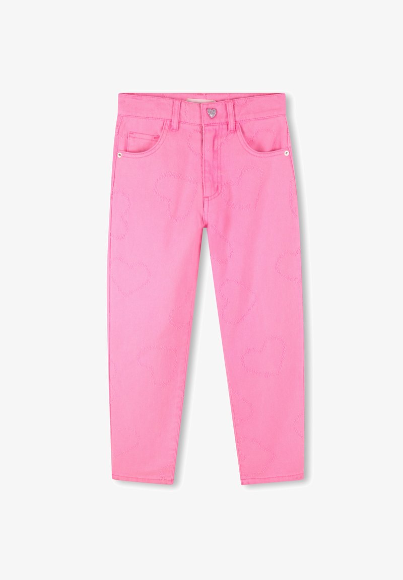 Jeans d'enfants roses avec un motif en cœur brodé, poches avant, passants de ceinture et une fermeture à bouton en forme de cœur.