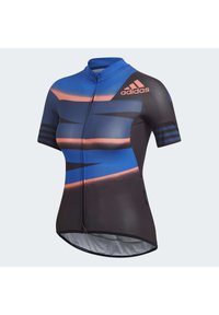 Cyklistický dres s krátkým rukávem v černé, modré a oranžové barvě se zipem v přední části. Obsahuje vzorovaný design a logo Adidas na rameni.
