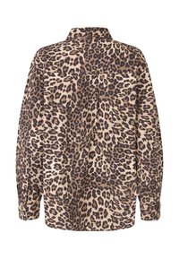 Camicia con stampa leopardata in beige con macchie marroni scure, maniche lunghe, yoke posteriore e polsini con bottone. Tessuto morbido con vestibilità rilassata.