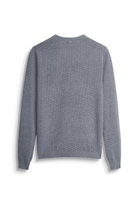 Maglione grigio lavorato a maglia con un motivo testurizzato, scollo rotondo e polsini e orlo a costine. Visuale posteriore mostrata, senza grafiche o decorazioni.