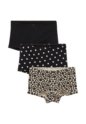 Trois culottes boyshort pour femmes en noir, noir à pois blancs et beige avec imprimé léopard, chacune avec un petit nœud à l'avant.