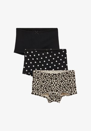 Trois culottes boyshort pour femmes en noir, noir à pois blancs et beige avec imprimé léopard, chacune avec un petit nœud à l'avant.