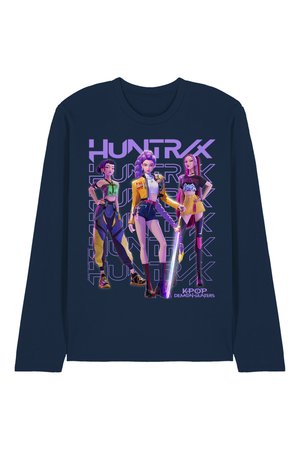 Navy long-sleeve shirt with three stylized female characters holding a glowing sword, text "HUNTRX" and "KPOP DEMON HUNTERS" in purple.