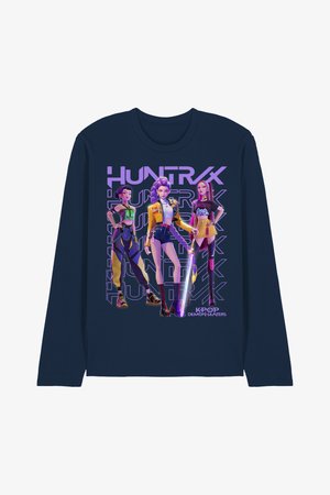 Navy long-sleeve shirt with three stylized female characters holding a glowing sword, text "HUNTRX" and "KPOP DEMON HUNTERS" in purple.