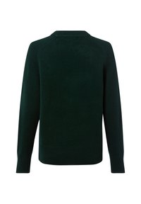 Pull en maille vert foncé avec un col rond, des manches raglan, et des bords-côtes aux poignets et à l'ourlet. Texture lisse, sans motifs visibles.