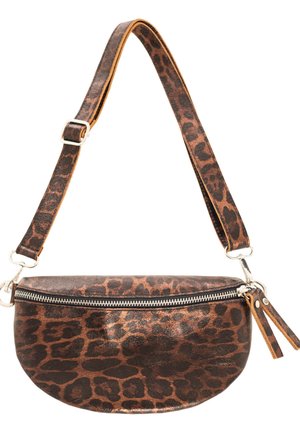 Braune Leder-Umhängetasche mit dunklem Leopardenmuster, silbernem Reißverschluss, verstellbarem Riemen und doppelten Leder-Reißverschlussanhängern.