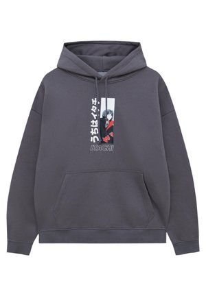 Ciemnoszara bluza z kapturem z kieszenią przednią, sznurkami i grafiką postaci anime Itachi z japońskim tekstem.