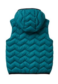 Tyrkysová péřová vesta s chevronovým prošíváním, vybavená kapucí a černým lemem podél spodního okraje. Vyrobena z lehkého, izolačního materiálu.