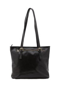 Zwarte leren totebag met twee lange handvatten, een ritsvak aan de voorkant en een gladde, glanzende textuur. Voorzien van gouden hardware accenten.