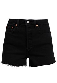 Zwarte denim shorts met een hoge taille, voorzien van een rafelige zoom, koperen details en een klassiek ontwerp met vijf zakken. Zachte textuur, stevig materiaal.