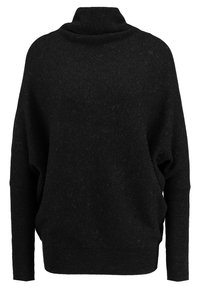 Pull noir surdimensionné avec un col montant, tissu texturé et épaules tombantes. Coupe ample avec poignets et ourlet côtelés.