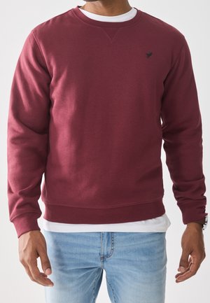Mand iført en vinrød sweatshirts med rund hals over en hvid skjorte og lyseblå jeans, stående foran en hvid baggrund.