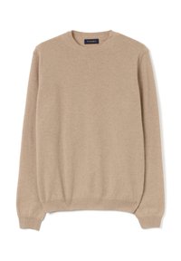 Maglione beige in tessuto morbido, con scollo rotondo, polsini e orlo a costine, e un design semplice senza motivi o dettagli evidenti.