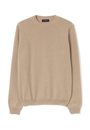 Beiger Pullover aus weichem Stoff, mit Rundhalsausschnitt, gerippten Bündchen und Saum sowie schlichtem Design ohne sichtbare Muster oder Akzente.
