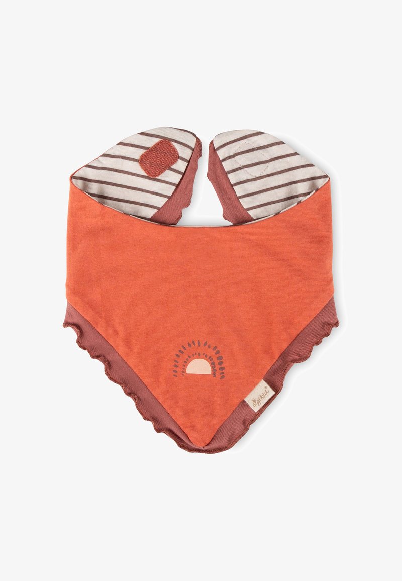 Double-layered orange baby bib with brown trim, striped inner fabric, a small patch, and a sun graphic near the bottom center.
