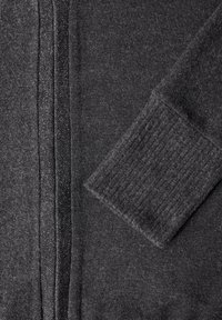 Cardigan gris foncé en tissu lisse, avec des poignets côtelés et un détail de fermeture éclair métallique sur le devant. Texture douce avec un éclat minimal.