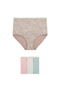 Mutande a vita alta in malva con un motivo astratto bianco. Il set include tre bande semplici in rosa, azzurro chiaro e bianco.
