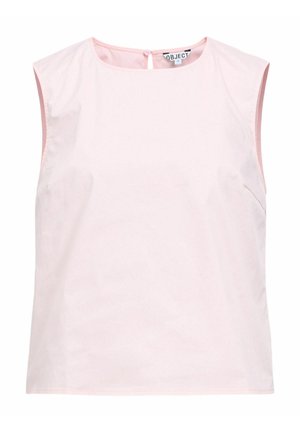 Blouse sans manches rose clair avec encolure ronde et petite fermeture à bouton au dos, en tissu lisse.