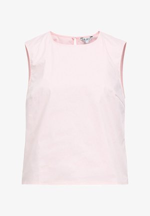 Blouse sans manches rose clair avec encolure ronde et petite fermeture à bouton au dos, en tissu lisse.
