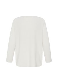 Pull blanc uni à manches longues vu de dos avec une texture simple et lisse, sans motifs ni ornements visibles.