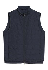 Marinblå quiltad ärmlös väst med hög krage, dragkedja framtill och horisontella sömmar. Lätt material. Inga synliga fickor.