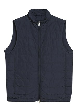 Marinblå quiltad ärmlös väst med hög krage, dragkedja framtill och horisontella sömmar. Lätt material. Inga synliga fickor.