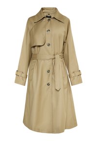Beżowy trench coat wykonany z gładkiego materiału. Posiada kołnierz, zapięcie na guziki z przodu, pasek w talii oraz mankiety zapinane na guziki. Klasyczny design.