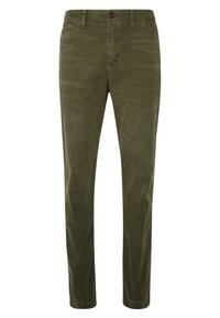 Olive green corduroy pants with a smooth texture, tapered design, front pockets, and a single back pocket. Includes a brown button fastening.