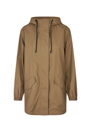 Giacca impermeabile con cappuccio color marrone chiaro, con pattina frontale, coulisse nere, due tasche frontali con pattina e polsini elasticizzati.