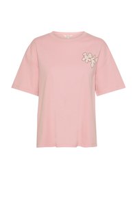 T-shirt en coton rose à manches courtes, avec un détail de broderie florale sur le côté gauche, un col rond et une coupe décontractée.