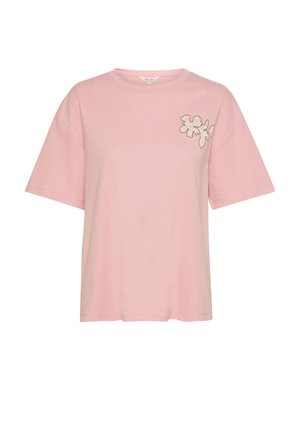 Rosa bomull T-shirt med korta ärmar, med detalj av floral broderi på vänster sida, rund halsringning och avslappnad passform.