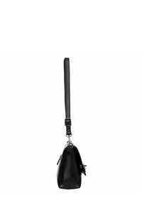 Borsa a tracolla in pelle nera con design sagomato, tracolla regolabile, dettagli in metallo argentato e una tasca con zip. Textura liscia con finitura lucida.