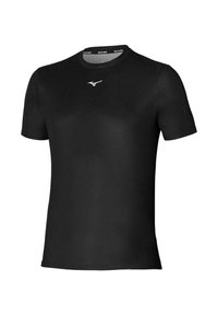 Camiseta atlética negra de manga corta con cuello redondo y pequeño logotipo blanco de Mizuno centrado debajo del escote.