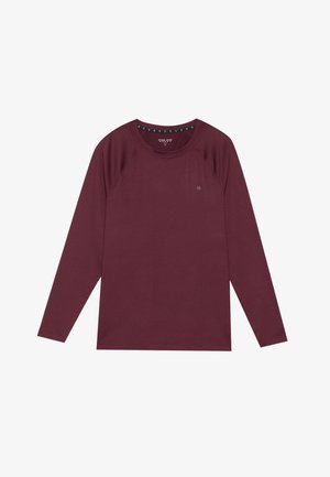 Camisa de mangas longas burgundy feita de um tecido suave, com decote redondo e mangas raglan. Pequeno detalhe de logótipo no peito.