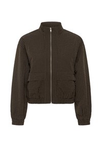 Veste marron foncé zippée avec un petit motif à grille blanche, col montant, deux grandes poches avant à rabat et poignets et ourlet élastiques.